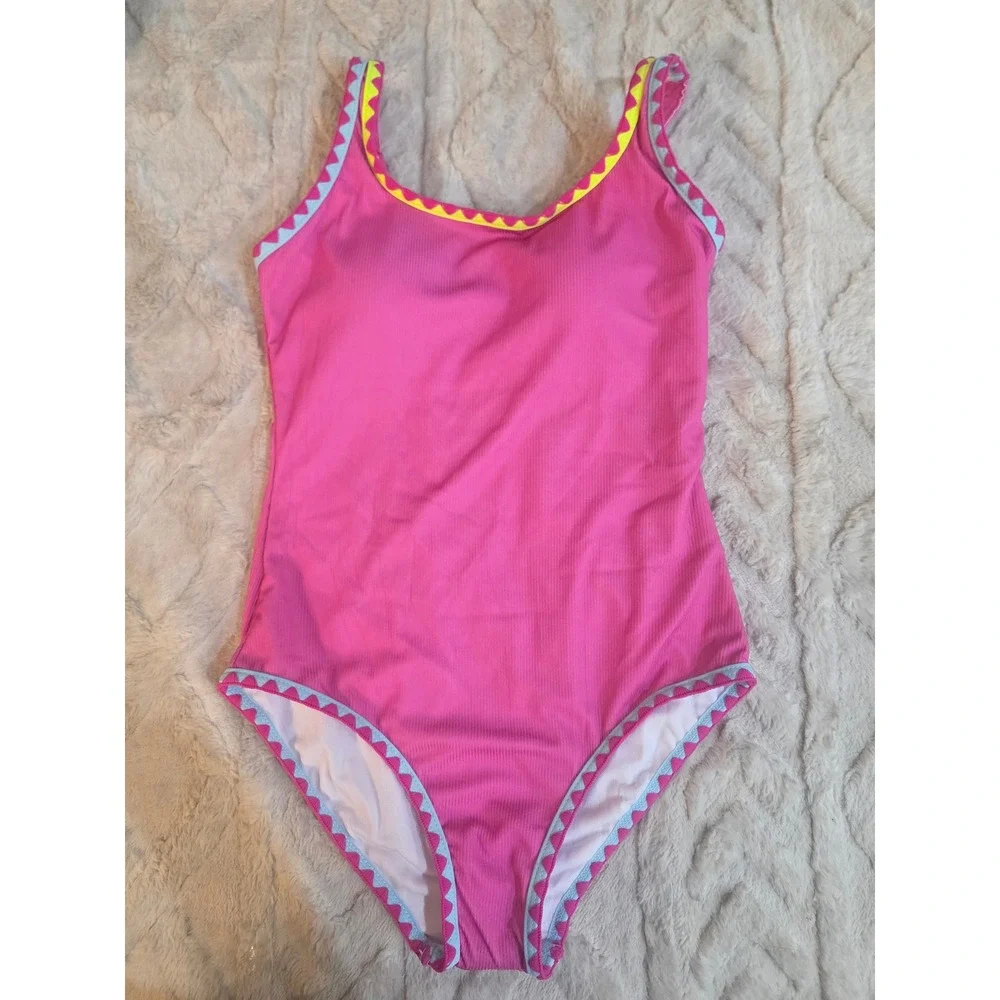 Girls Pink Ribbed One Piece Swimsuit Ric Rac Trim Adjustable Straps Size 11-12Y
